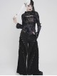 Black Flocked Mesh Asymmetrical Hem Middle High Collar Split Front Chest Cowl Design Loops Decoration Long Sleeves Slim Fit Punk Style T-Shirt