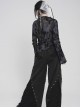 Black Flocked Mesh Asymmetrical Hem Middle High Collar Split Front Chest Cowl Design Loops Decoration Long Sleeves Slim Fit Punk Style T-Shirt