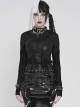 Black Flocked Circuit Diagram Printed Mesh Splicing Glossy Vertical Stripe Knit Stand Collar Round Rope Decoration Punk Style Long Sleeves T-Shirt
