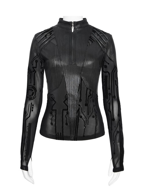 Black Flocked Circuit Diagram Printed Mesh Splicing Glossy Vertical Stripe Knit Stand Collar Round Rope Decoration Punk Style Long Sleeves T-Shirt