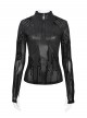 Black Flocked Circuit Diagram Printed Mesh Splicing Glossy Vertical Stripe Knit Stand Collar Round Rope Decoration Punk Style Long Sleeves T-Shirt