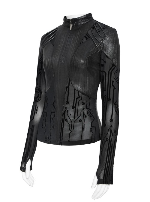 Black Flocked Circuit Diagram Printed Mesh Splicing Glossy Vertical Stripe Knit Stand Collar Round Rope Decoration Punk Style Long Sleeves T-Shirt