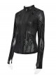 Black Flocked Circuit Diagram Printed Mesh Splicing Glossy Vertical Stripe Knit Stand Collar Round Rope Decoration Punk Style Long Sleeves T-Shirt