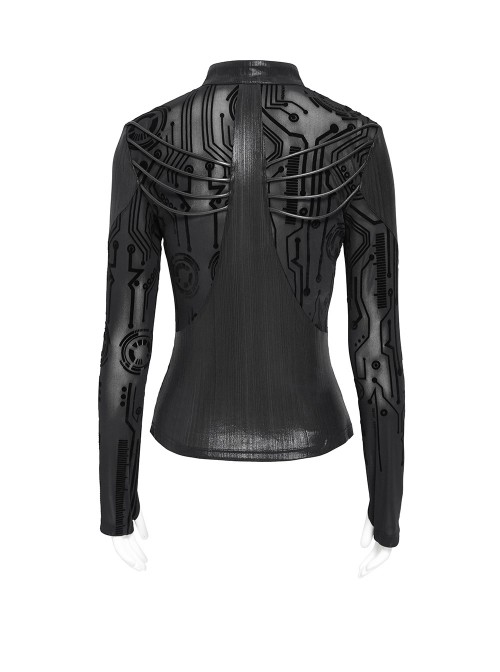 Black Flocked Circuit Diagram Printed Mesh Splicing Glossy Vertical Stripe Knit Stand Collar Round Rope Decoration Punk Style Long Sleeves T-Shirt