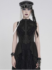 Black Flocked Circuit Board Printed Mesh Splicing Glossy Striped Knit Front Hanging Chains Sleeveless Wide Hem Cyberpunk Style Long Dress