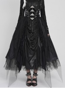 Black Mirrored Leather One-Piece Waistband Flocked Printed Mesh Splicing Glossy Vertical Striped Knit Stiff Puff Hem Cyberpunk Style Long Skirt