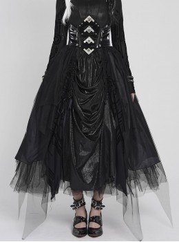 Black Mirrored Leather One-Piece Waistband Flocked Printed Mesh Splicing Glossy Vertical Striped Knit Stiff Puff Hem Cyberpunk Style Long Skirt