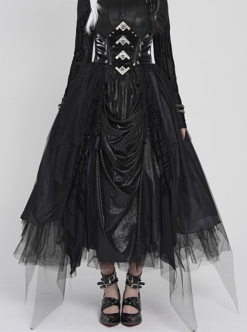 Black Mirrored Leather One-Piece Waistband Flocked Printed Mesh Splicing Glossy Vertical Striped Knit Stiff Puff Hem Cyberpunk Style Long Skirt