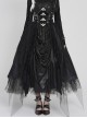 Black Mirrored Leather One-Piece Waistband Flocked Printed Mesh Splicing Glossy Vertical Striped Knit Stiff Puff Hem Cyberpunk Style Long Skirt