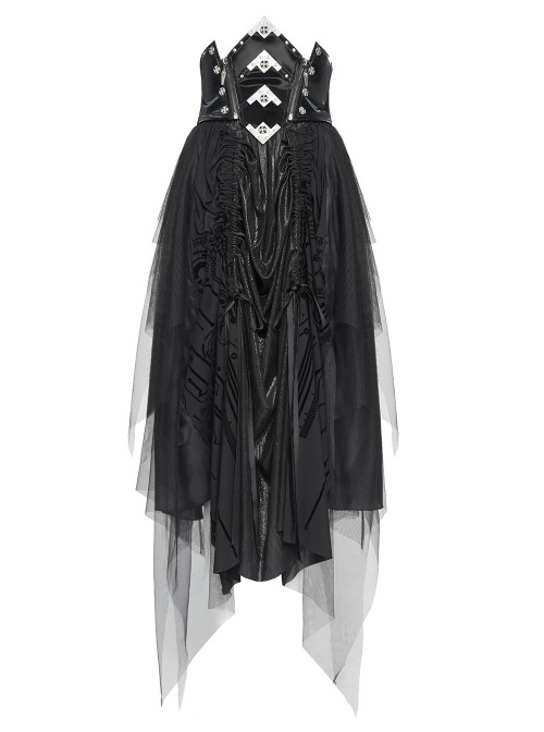 Black Mirrored Leather One-Piece Waistband Flocked Printed Mesh Splicing Glossy Vertical Striped Knit Stiff Puff Hem Cyberpunk Style Long Skirt