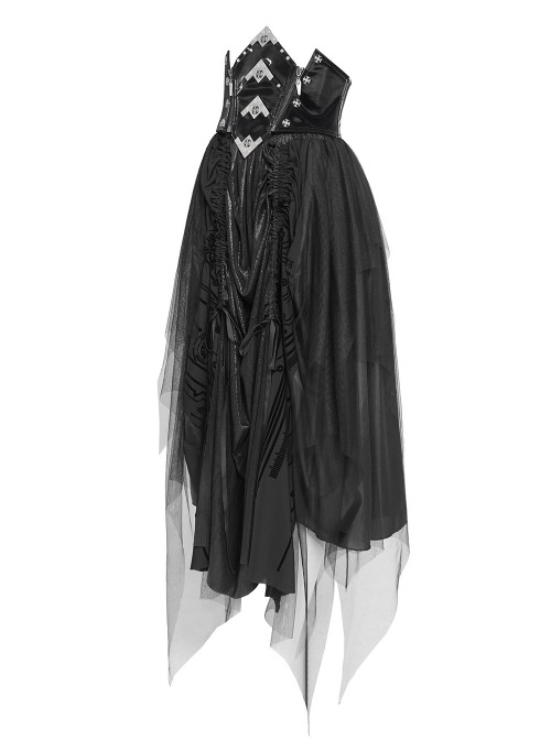 Black Mirrored Leather One-Piece Waistband Flocked Printed Mesh Splicing Glossy Vertical Striped Knit Stiff Puff Hem Cyberpunk Style Long Skirt