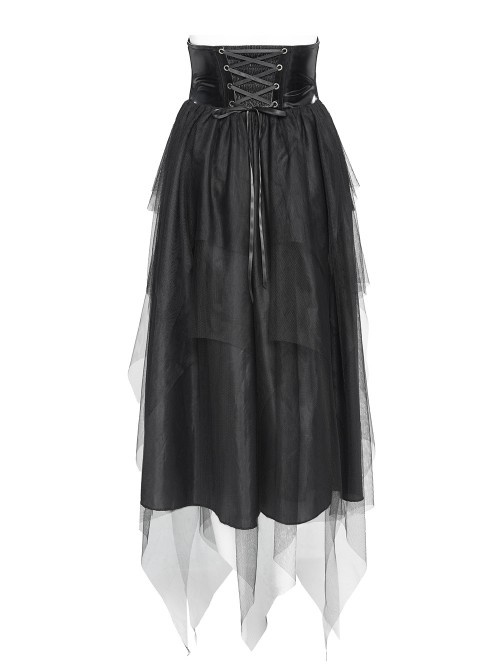 Black Mirrored Leather One-Piece Waistband Flocked Printed Mesh Splicing Glossy Vertical Striped Knit Stiff Puff Hem Cyberpunk Style Long Skirt