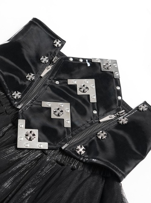 Black Mirrored Leather One-Piece Waistband Flocked Printed Mesh Splicing Glossy Vertical Striped Knit Stiff Puff Hem Cyberpunk Style Long Skirt