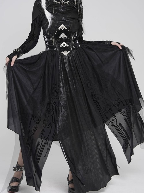 Black Mirrored Leather One-Piece Waistband Flocked Printed Mesh Splicing Glossy Vertical Striped Knit Stiff Puff Hem Cyberpunk Style Long Skirt