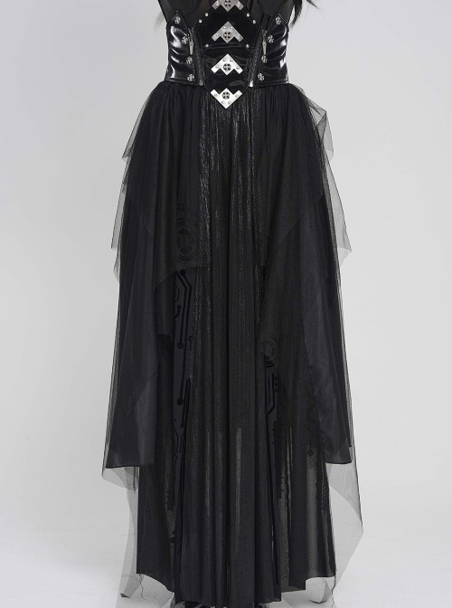 Black Mirrored Leather One-Piece Waistband Flocked Printed Mesh Splicing Glossy Vertical Striped Knit Stiff Puff Hem Cyberpunk Style Long Skirt