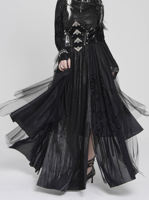 Black Mirrored Leather One-Piece Waistband Flocked Printed Mesh Splicing Glossy Vertical Striped Knit Stiff Puff Hem Cyberpunk Style Long Skirt
