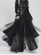 Black Mirrored Leather One-Piece Waistband Flocked Printed Mesh Splicing Glossy Vertical Striped Knit Stiff Puff Hem Cyberpunk Style Long Skirt