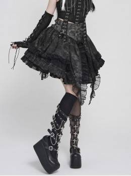 Black Two-Tone Woven Organza Ruffled Hem Waist Faux Leather Woven Decorative Loops Punk Style Mini Skirt