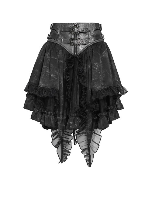 Black Two-Tone Woven Organza Ruffled Hem Waist Faux Leather Woven Decorative Loops Punk Style Mini Skirt