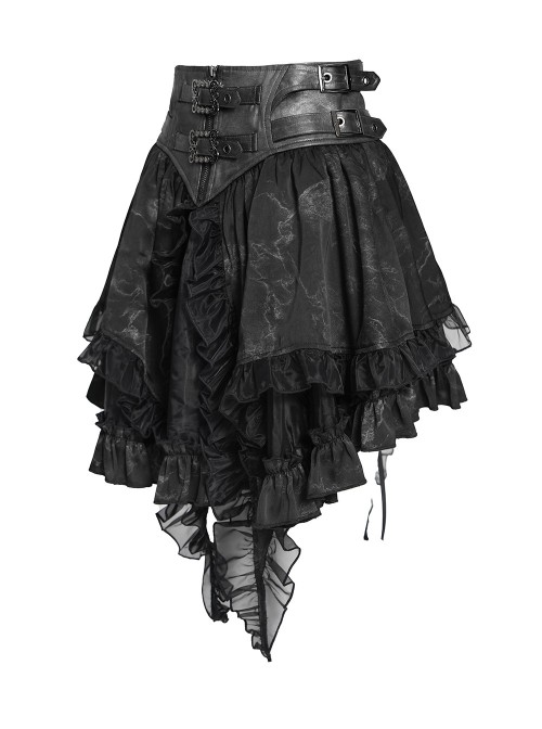 Black Two-Tone Woven Organza Ruffled Hem Waist Faux Leather Woven Decorative Loops Punk Style Mini Skirt
