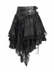 Black Two-Tone Woven Organza Ruffled Hem Waist Faux Leather Woven Decorative Loops Punk Style Mini Skirt