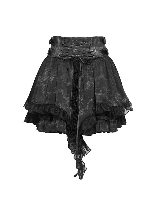 Black Two-Tone Woven Organza Ruffled Hem Waist Faux Leather Woven Decorative Loops Punk Style Mini Skirt