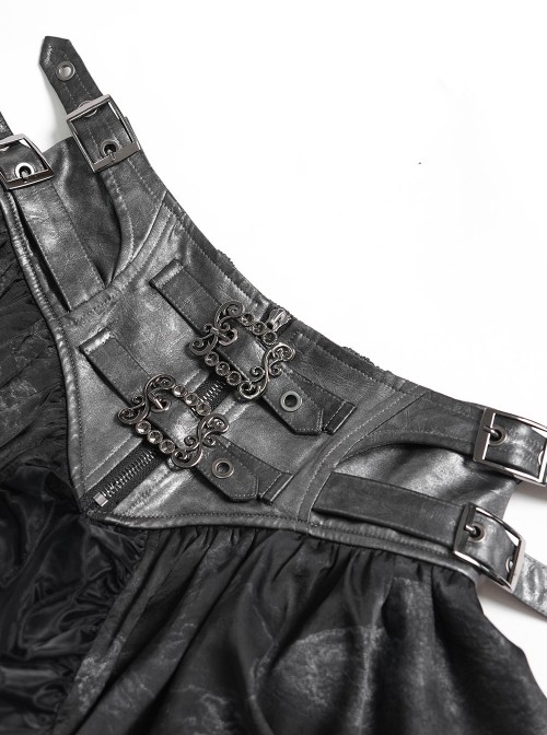 Black Two-Tone Woven Organza Ruffled Hem Waist Faux Leather Woven Decorative Loops Punk Style Mini Skirt