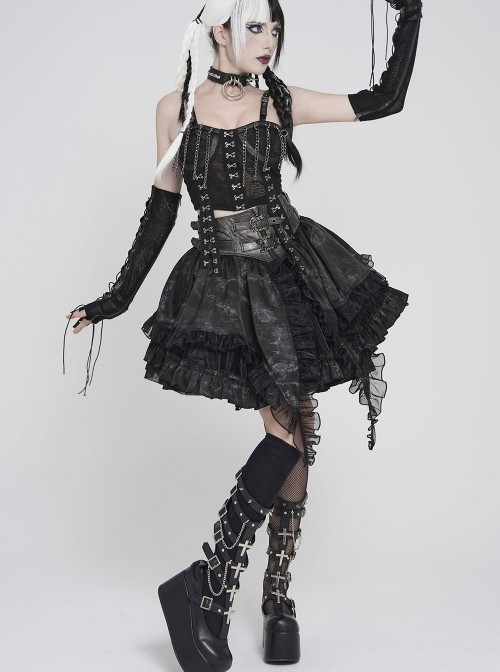 Black Two-Tone Woven Organza Ruffled Hem Waist Faux Leather Woven Decorative Loops Punk Style Mini Skirt