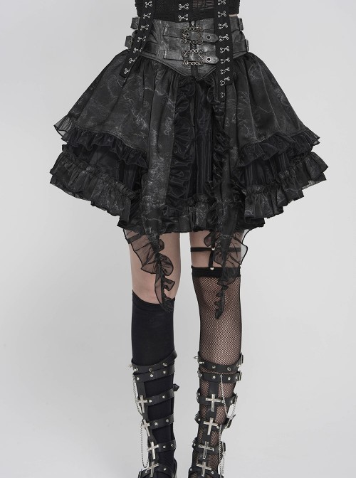 Black Two-Tone Woven Organza Ruffled Hem Waist Faux Leather Woven Decorative Loops Punk Style Mini Skirt