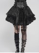 Black Two-Tone Woven Organza Ruffled Hem Waist Faux Leather Woven Decorative Loops Punk Style Mini Skirt