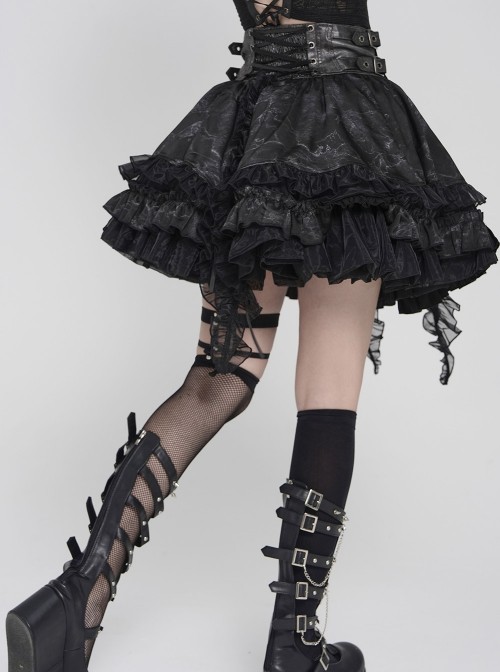 Black Two-Tone Woven Organza Ruffled Hem Waist Faux Leather Woven Decorative Loops Punk Style Mini Skirt