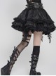 Black Two-Tone Woven Organza Ruffled Hem Waist Faux Leather Woven Decorative Loops Punk Style Mini Skirt