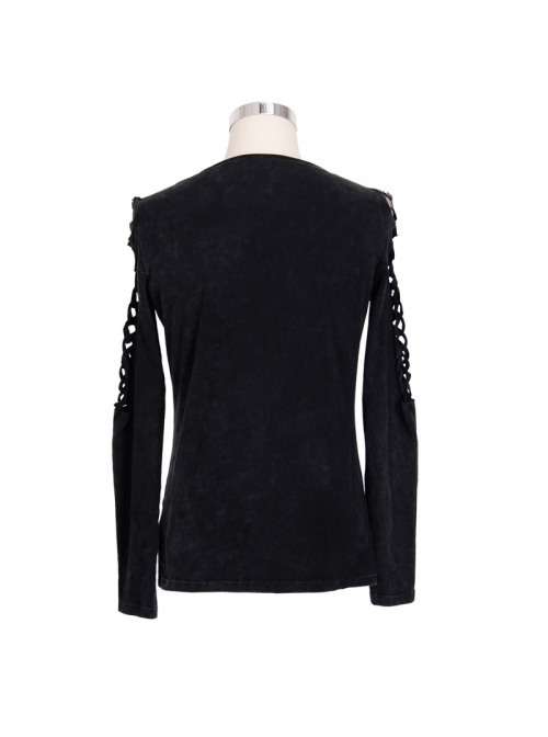 Broken Holes Strip Long Sleeve Skull Nails Black Punk Worn Knit Cotton T-Shirt