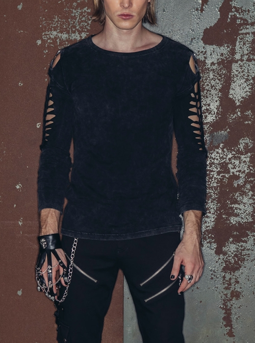 Broken Holes Strip Long Sleeve Skull Nails Black Punk Worn Knit Cotton T-Shirt