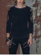 Broken Holes Strip Long Sleeve Skull Nails Black Punk Worn Knit Cotton T-Shirt