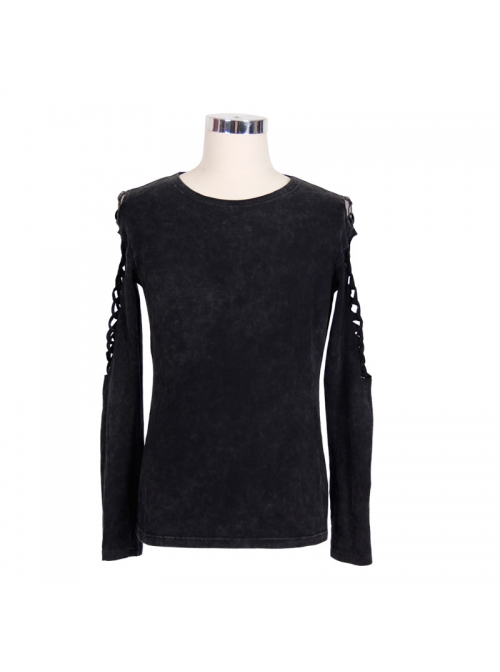 Broken Holes Strip Long Sleeve Skull Nails Black Punk Worn Knit Cotton T-Shirt