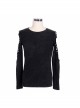 Broken Holes Strip Long Sleeve Skull Nails Black Punk Worn Knit Cotton T-Shirt