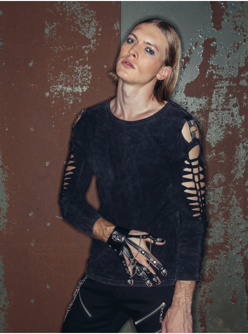 Broken Holes Strip Long Sleeve Skull Nails Black Punk Worn Knit Cotton T-Shirt