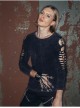 Broken Holes Strip Long Sleeve Skull Nails Black Punk Worn Knit Cotton T-Shirt