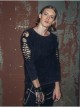 Broken Holes Strip Long Sleeve Skull Nails Black Punk Worn Knit Cotton T-Shirt