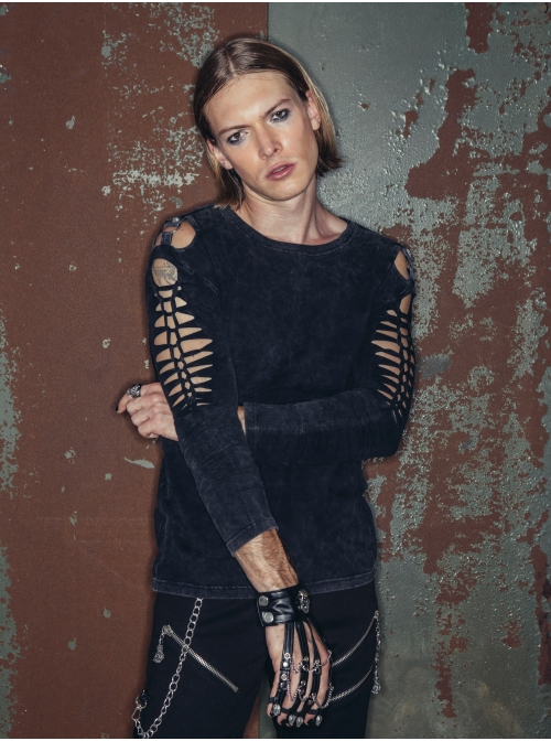 Broken Holes Strip Long Sleeve Skull Nails Black Punk Worn Knit Cotton T-Shirt