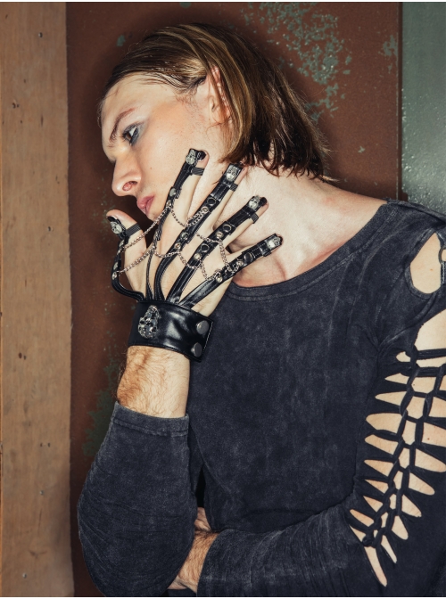 Broken Holes Strip Long Sleeve Skull Nails Black Punk Worn Knit Cotton T-Shirt
