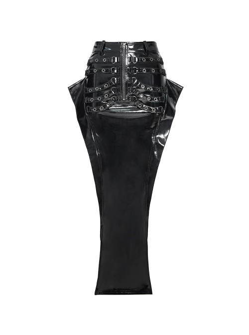 Black Mirrored Leather Front Rib-Shaped Loops Fishtail Curved Design Hem Punk Style Skirt