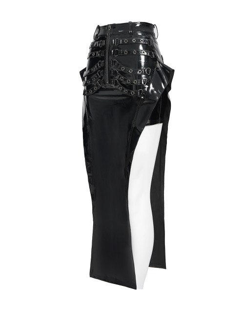 Black Mirrored Leather Front Rib-Shaped Loops Fishtail Curved Design Hem Punk Style Skirt