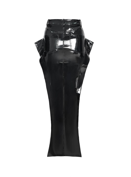 Black Mirrored Leather Front Rib-Shaped Loops Fishtail Curved Design Hem Punk Style Skirt