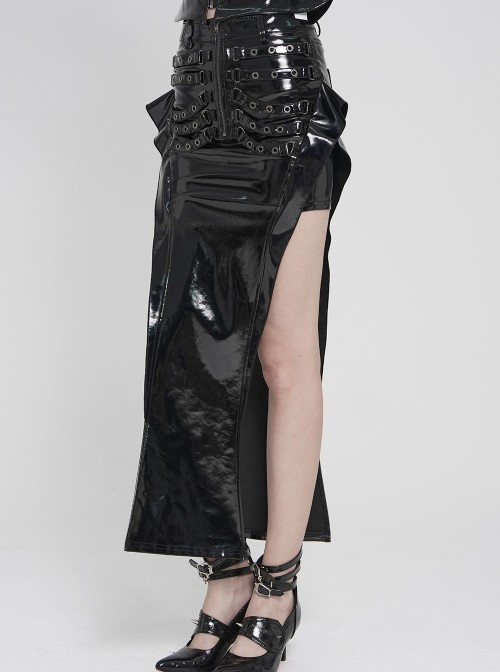 Black Mirrored Leather Front Rib-Shaped Loops Fishtail Curved Design Hem Punk Style Skirt