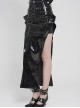 Black Mirrored Leather Front Rib-Shaped Loops Fishtail Curved Design Hem Punk Style Skirt