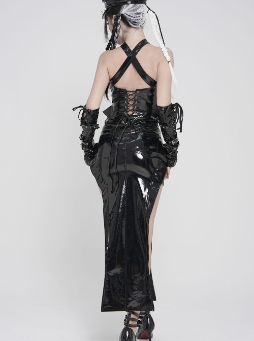Black Mirrored Leather Front Rib-Shaped Loops Fishtail Curved Design Hem Punk Style Skirt