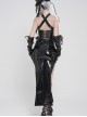 Black Mirrored Leather Front Rib-Shaped Loops Fishtail Curved Design Hem Punk Style Skirt