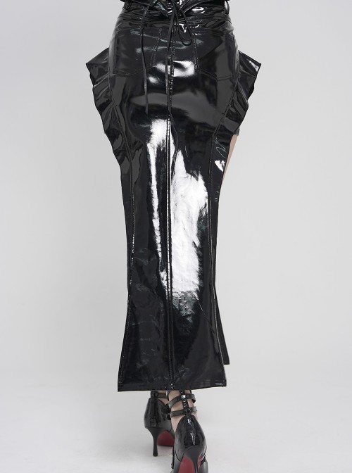 Black Mirrored Leather Front Rib-Shaped Loops Fishtail Curved Design Hem Punk Style Skirt